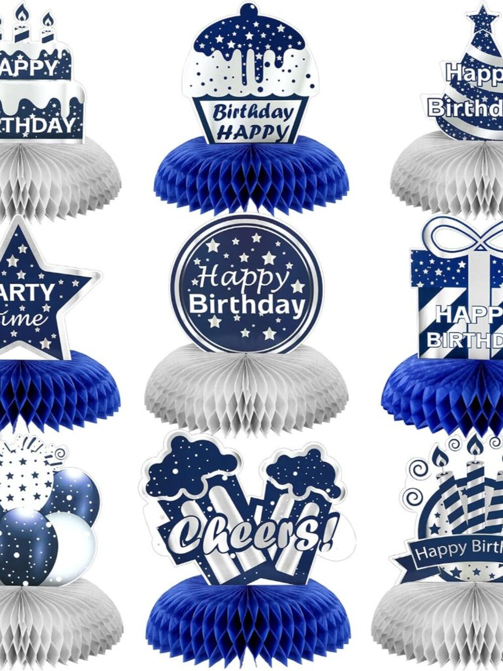 9 Pcs Blue Silver Happy Birthday Honeycomb Table Centerpieces